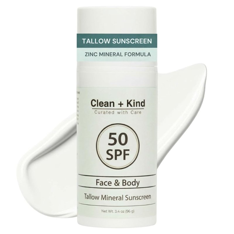 Clean + Kind Tallow Sunscreen SPF 50 — Travel Size Mineral Sport Sunblock, Non-Nano Zinc Oxide, Reef-Safe, 80 Min Water-Resistant Body Protection (3.4 oz)