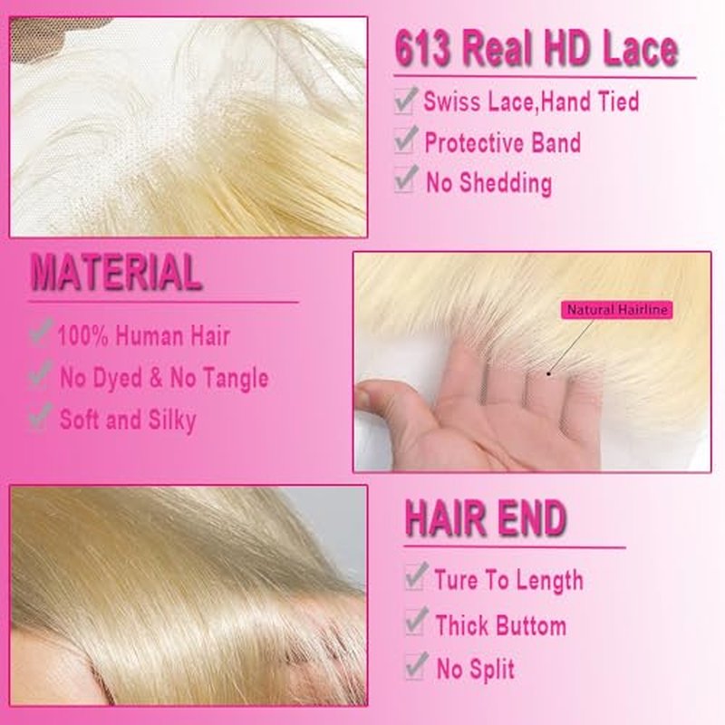 613 Frontal Straight 13x6 Transparent HD Lace Frontal Closure 12A Brazilian Virgin Remy Hair Free Part Ear to Ear Blonde Frontal Human Hair For Women Pre Plucked With Baby Hair 150% 18 Inch
