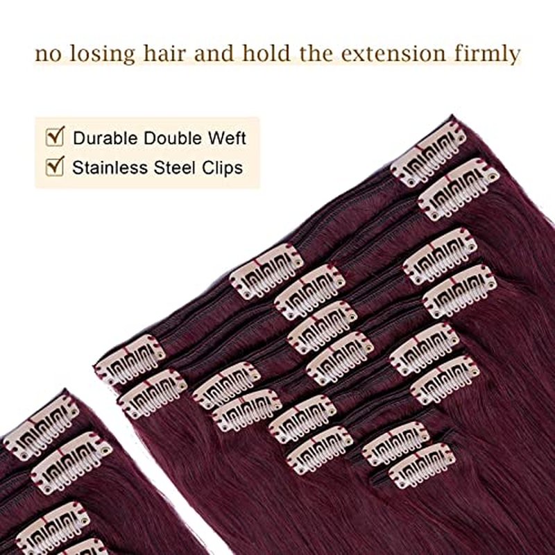 MY-LADY Double Weft 100% Remy Human Hair Clip in Extensions burgundy Full Head Thick Long Soft Straight 8pcs 18clips 18 inch 140g #99J Wine Red