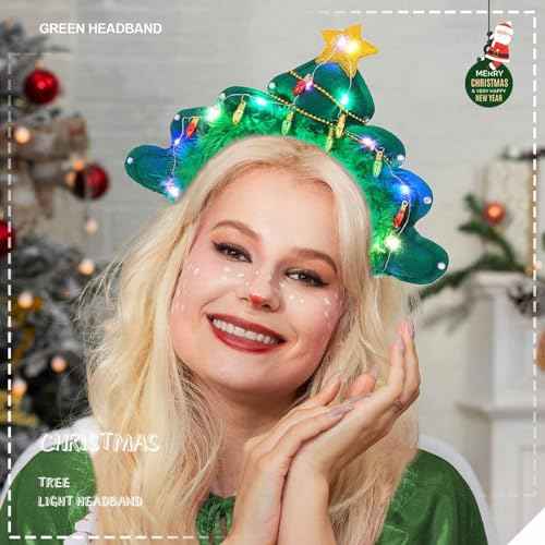 Olbye Light Up Christmas Headbands LED Christmas Tree Hairbands Glow Hair Hoop Star Xmas Costume Headpiece Festival Headwear Holiday Party Hair Accessories for Women