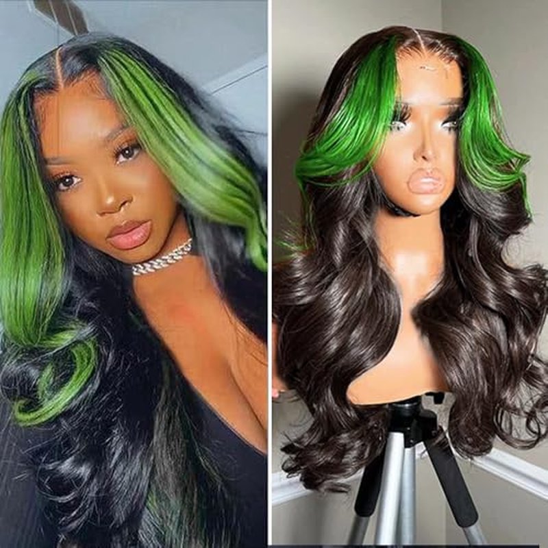 JYZ Skunk Stripe Human Hair Lace Front Wig Green Highlights Wig, Wavy, 13X4 HD Lace Front Wigs Human Hair 200% Density Pre Plucked with Baby Hair 20inch Middle Part