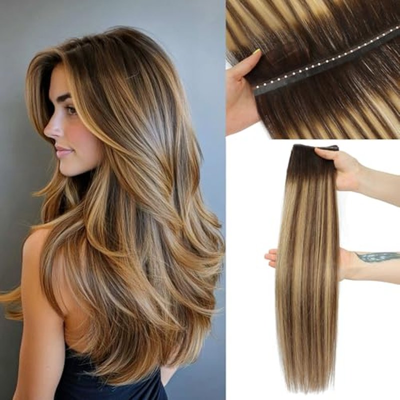 OVO Double PU Weft Hair Extensions Human Hair Ombre Brown Highlight Seamless Invisible Weave,Beaded Flat Weft Extensions, Soft & Natural Real Human Hair Extensions