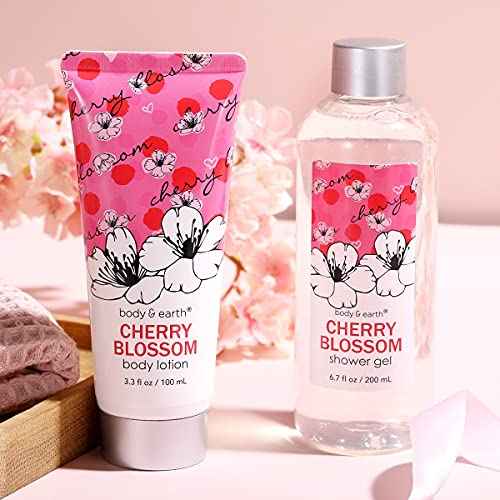 Bath and Body Gift Set for Women - Cherry Blossom Scent with Double-Layer Spa Gift Box, 5 Piece Home Spa Set Includes Shower Gel, Body Scrub, Body Lotion, Hand Soap, Rose Flower, Bath Set Gift for Her