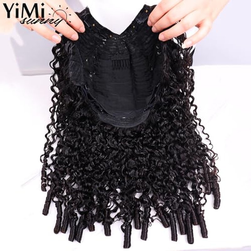 V Part Wig Human Hair for Women Burmese Spiral Curly Glueless Clip-In Wig 200% Density No Leave Out No Gel No Lace V Shape Clip Beginner Ready to Go Wig Natural Black Color 16 Inch