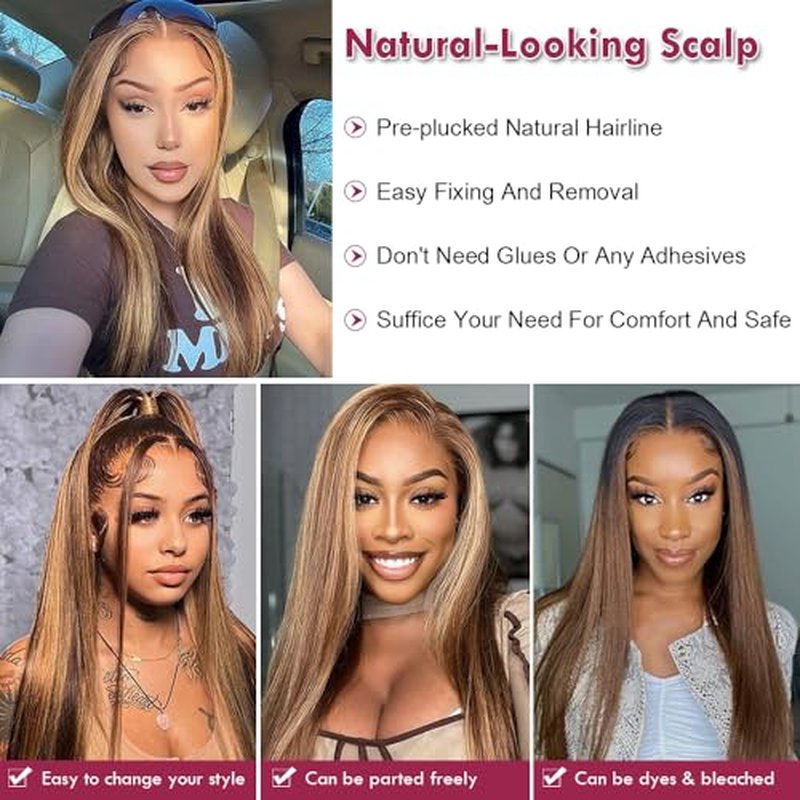 D?BUT Ombre Highlight Brown Glueless Wigs Human Hair Pre Plucked Straight Hair Lace Front Wigs 5x5 HD Lace Closure Wig for Women Daily Use 18 Inches
