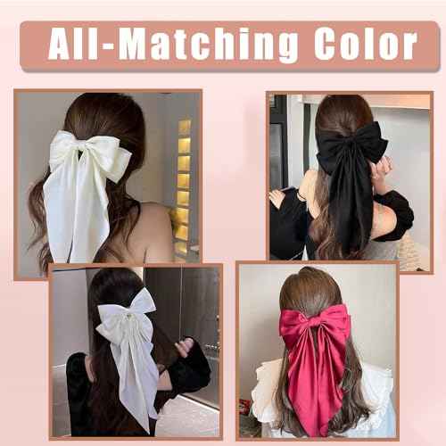 Hair Bows 4 PCS Ribbon Bow for Women, Ribbons, Oversized Long-tail Cute Aesthetic Accessories, Large Barrettes Girls£¨Wine red off white black white£©