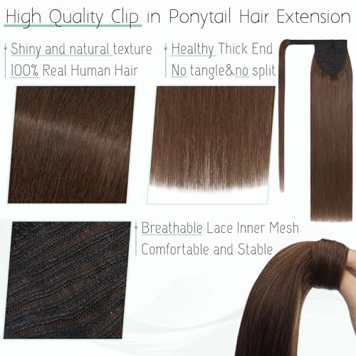 S-noilite Wrap Around Ponytail Extension Human Hair #4 Medium Brown Ponytail Extensions Real Remy Hair 14inch Long Straight Clip in Human Hair Ponytail 80Grams