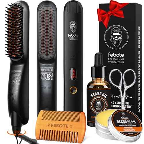 Beard Straightener Kit w/Beard Straightener, Beard Balm, Beard Growth Oil, Beard Styling Comb & Scissors, Upgraded 5-in-1 Beard Straightening, Unique Stocking Stuffer Gifts for Friend, Father & Him