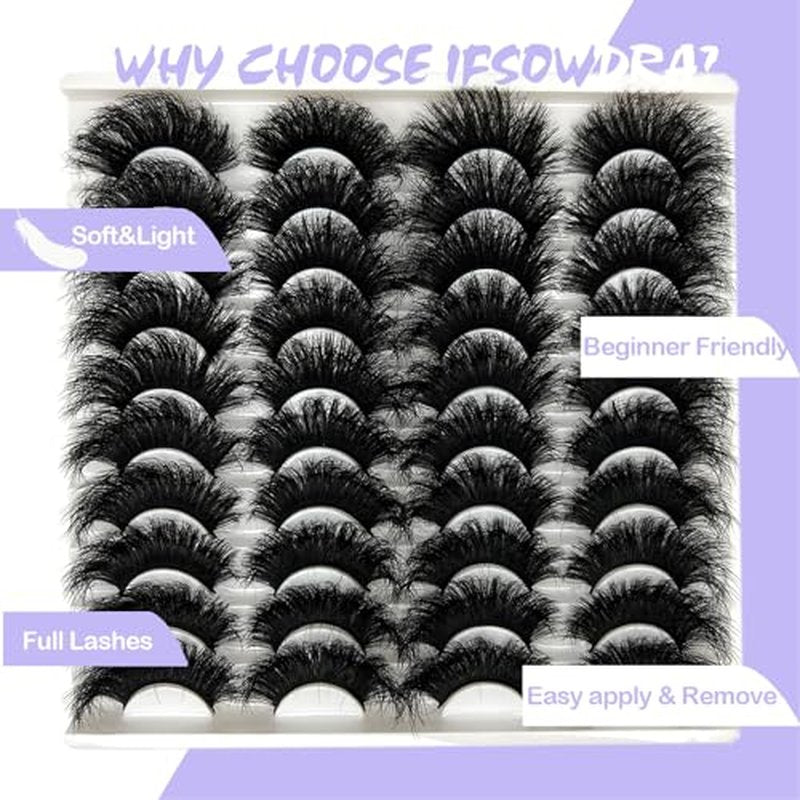 Mink Lashes Fluffy Wispy 20mm 3D Volume Full Dramatic Faux Mink D Curl Long Strip Lashes Pack 25 mm Big Cat Eye False Eyelashes