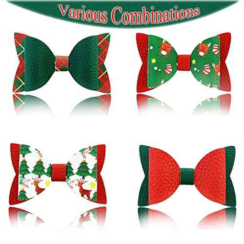 AOUXSEEM 24 Set Faux Leather Hair Bows Clips Making Kit for Beginner, Contains Pre Cut Printed Glitter Solid PU Synthetic Fabric, DIY Hair Clips for Women Girls Holiday decor (Christmas)