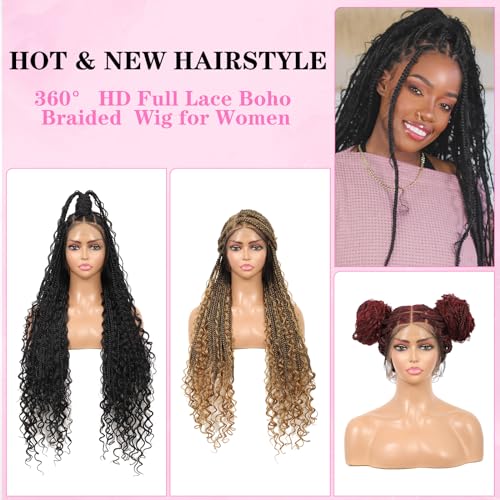 Kalyss 360¡Æ HD Full Lace Knotless Boho Braided Wigs for Women Box Braid Wig with Baby Hair Premium Synthetic Long Black Lace Front Braided Wigs (36 Inch)