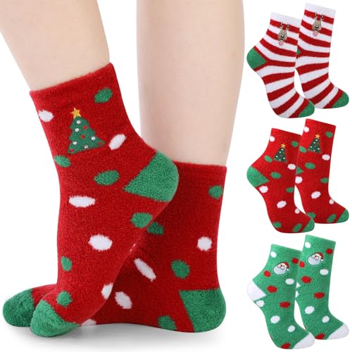 Suhine 3 Pair Christmas Aloe Infused Ultra Moisturizing Socks Colorful Patterns Fuzzy Christmas Socks Aloe Vera Socks for Spa (Cute)
