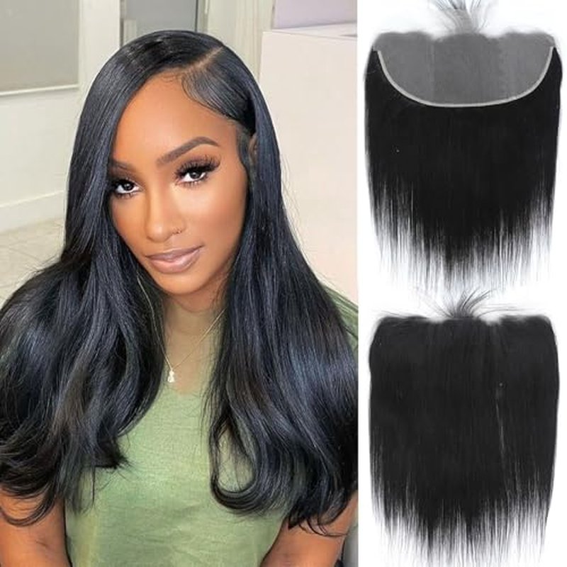 HD Frontal 13x6 Lace Frontal Straight Human Hair Transparent 13x6 Straight HD Lace Closure Big Long Space From Ear to Ear Free Part 100% Raw Virgin Human Hair Natural Black Color 14 Inch