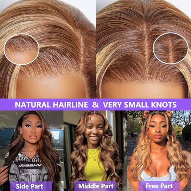 Honey Blonde Ombre Lace Front Wig Human Hair Highlight Body Wave 13X6 Lace Front Wigs 180 Density Glueless 4/27 Highlighted Human Hair Wig 26 Inch