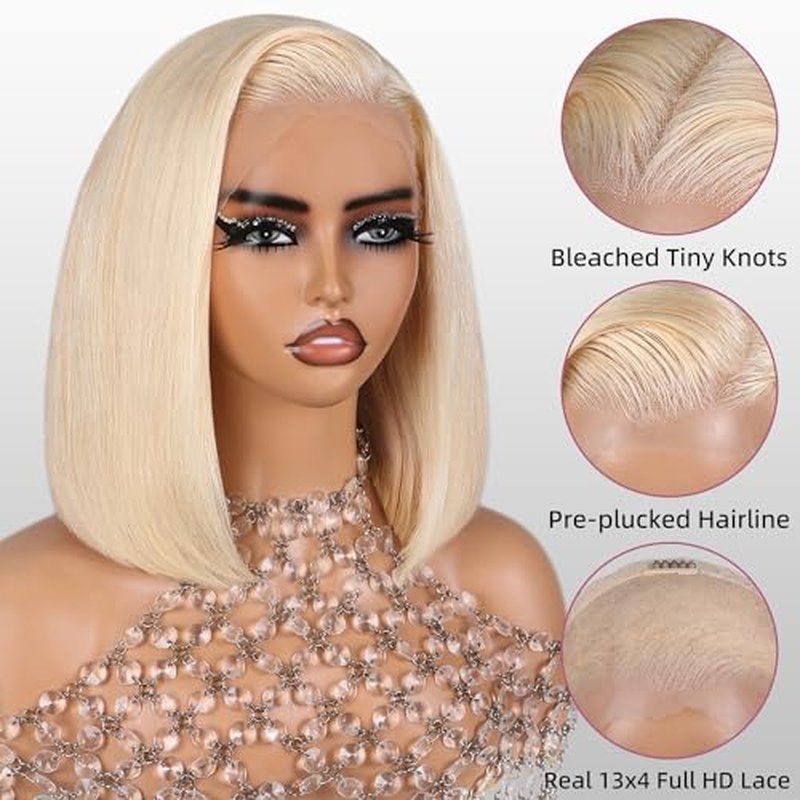 Blonde Bob Wig Human Hair 13X4 613 Bob Wig Transparent HD Lace Front Wig Human Hair Middle Part Straight Bob Wig Pre Plucked 210% Density with Baby Hair£¨12inch£©