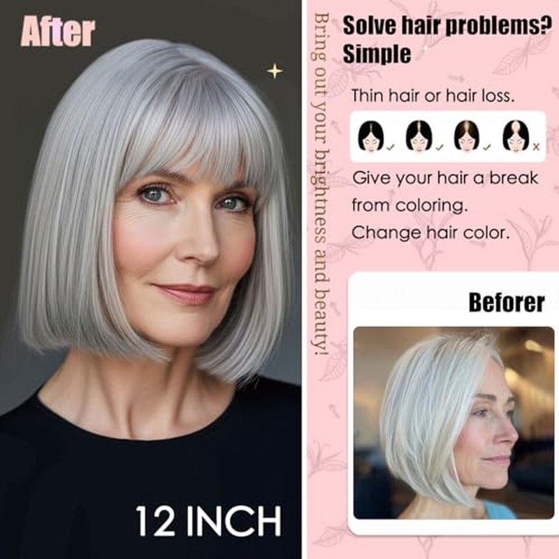 Real Human Hair Topper 12 Inch Human Hair Toppers for Thinning Hair Hand-woven area 3.2"x4.3" Swiss Base Natural Hair piece Wiglet for Women Daily Natural (#Light Gray with bangs)