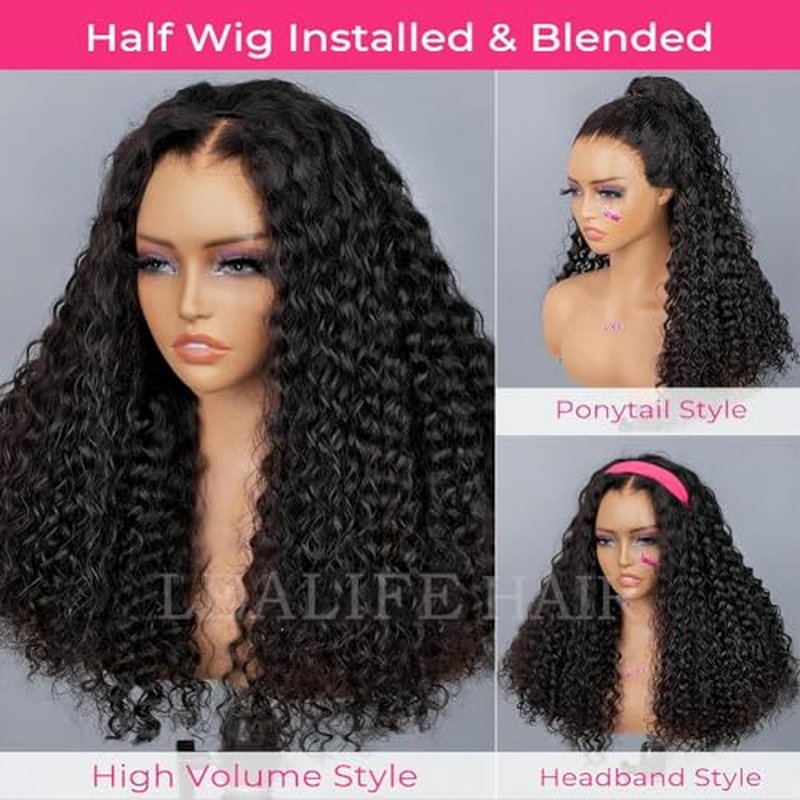 Curly Half Wig Human Hair Deep Wave, All Hairstyles In One Curly Half Wigs, Flip Over With Adjustable String Invisilbe Hairline Beginner Friendly Headband Wig for Black Women 200% Density 16 Inch