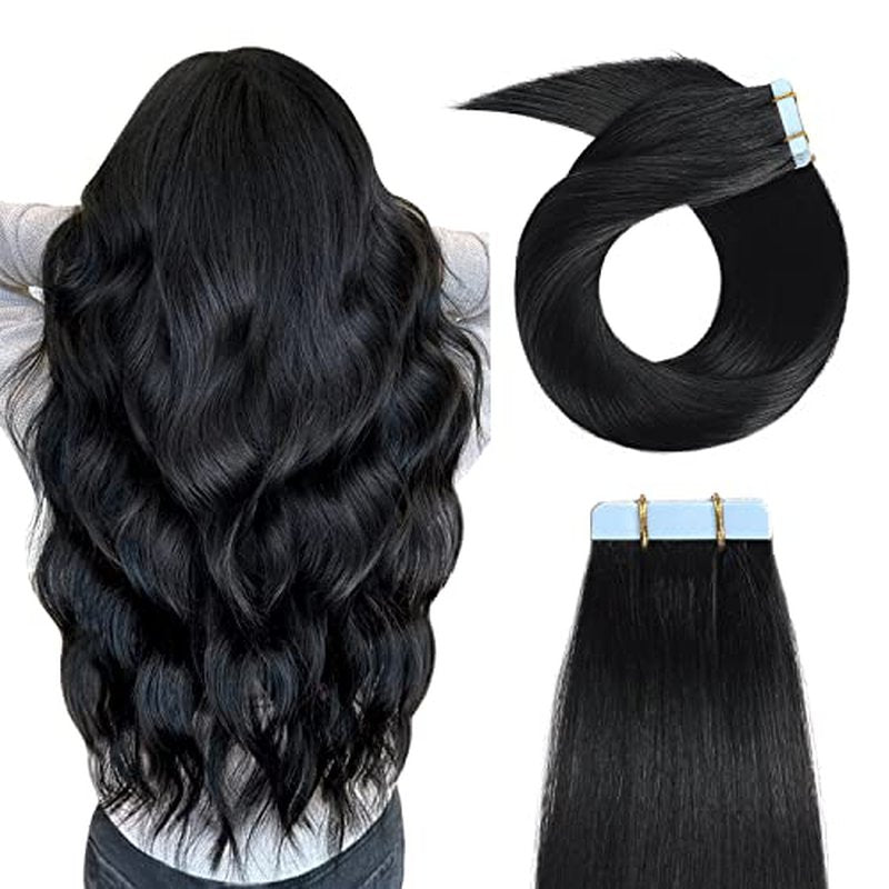 YILITE Jet Black Tape in Hair Extensions Human Hair 26inch #1 20pcs 60g/pack Straight Tape in Human Hair Extensions,Seamless Skin Weft Jet Black Tape ins (26Inch Jet Black #1)