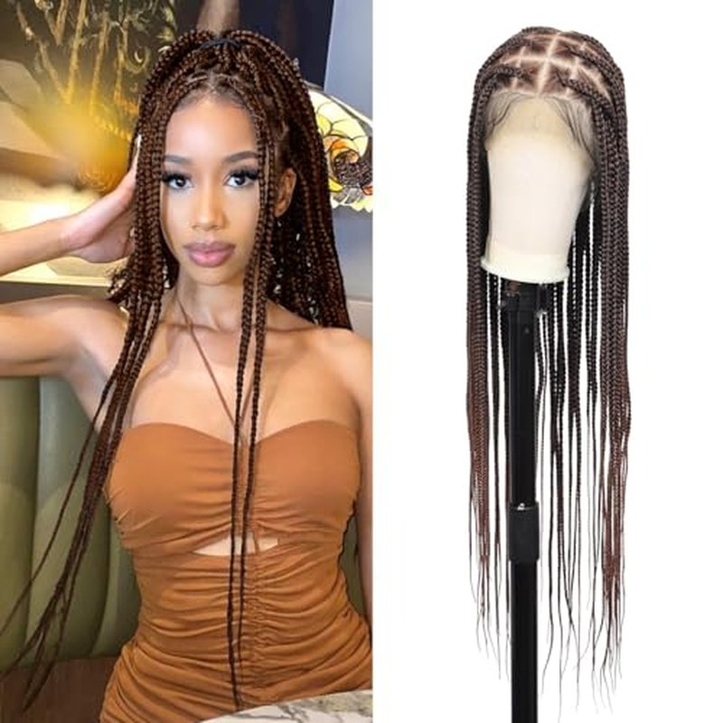 Lexqui 36" 360¡Æ HD Full Lace Large Square Knotless Braided Wigs for Women Box Braid Wig Braided Lace Front Wigs Premium Synthetic Braid Wig with Baby Hair Brown