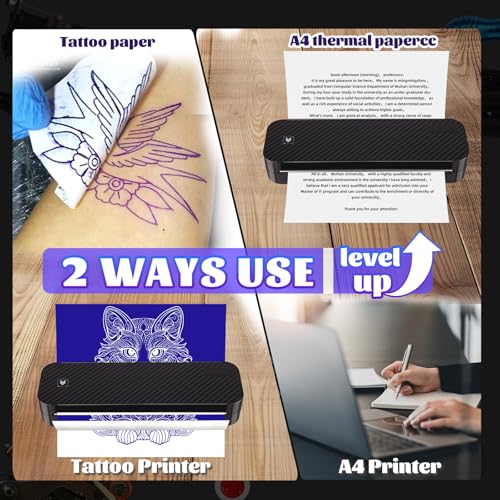 Wireless Tattoo Transfer Stencil Printer Machine 2600mAh Thermal Printer with 10pcs Transfer Paper and Thermal Paper Compatible Android and iOS PC Tattoo Kit for Artists & Beginners