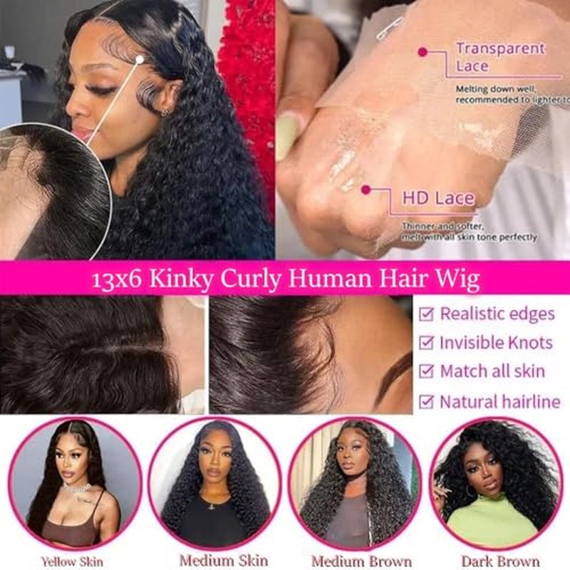 Kinky Curly Wig Human Hair 13x6 Lace Frontal 220% Density 16 Inch Afro Kinky-Curly Bob HD Transparent Lace Front Wig for Women Pre Plucked With Baby Hair Glueless Short Kinky Curly Wigs
