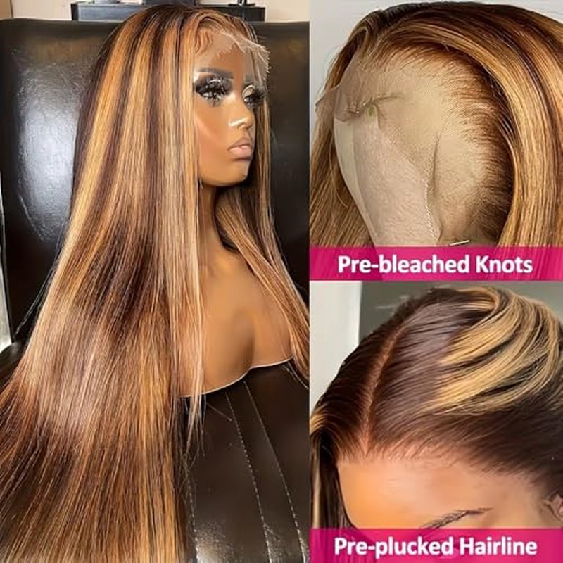 SIFULAN 13x4 Honey Blonde Lace Front Wig Human Hair 180 Density 24 Inch Highlight Ombre Straight HD Transparent Lace Pre Plucked Human Hair Wigs for Women P4/27 Color