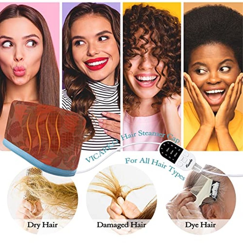 VICARKO Hair Steamer for Deep Conditioning, 10-Level Heats Up Quickly, 118¡± Power Cord, Heating Cap Hot Oil Treatment Heat, Electric Thermal Heated Steam Natural Black Hair, Hawaii Blue