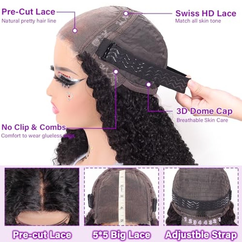 UCUVIC Wear And Go Glueless Wigs Human Hair Pre Plucked Pre Cut Curly 5x5 Jerry Curly Bob Wig Human Hair Lace Front Closure Wigs For Black Women 200 Density Curly Wig Glueless Wear And Go Black 18Inch
