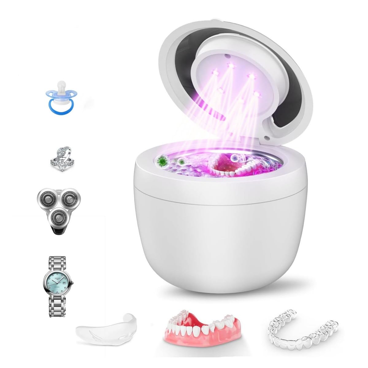 Staredy Ultrasonic Retainer Cleaner for Dentures,Oral Dental, 6 UV Lights-4 Mode-200ML Denture Cleaner Machine for Aligner,Braces, Jewelry with Mouth Guard Cleaner-Touchscreen (white)