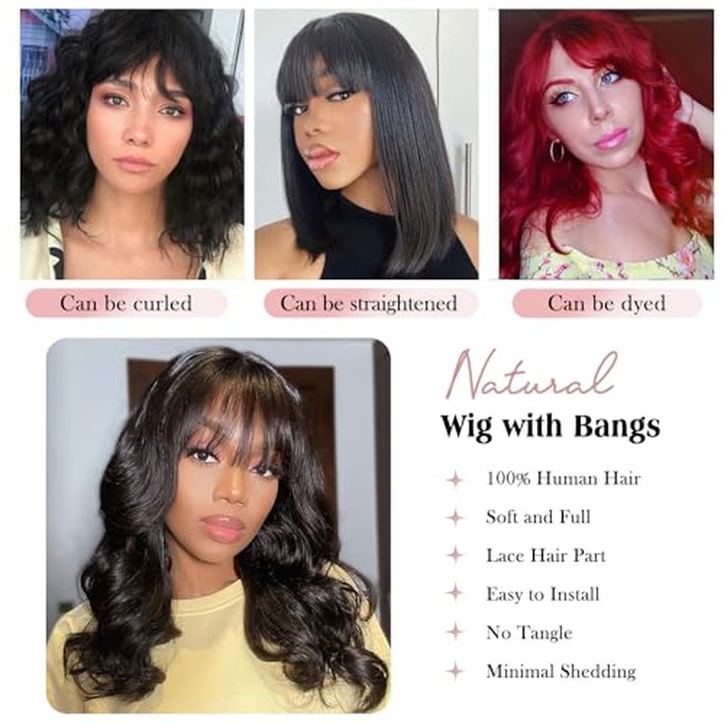Fancy Hair Wavy Brazilian Virgin Human Hair Wigs with Bangs for Black Women Lace Middle Part Glueless Body Wave Wig With Bangs for Women Natural Black 18 inches