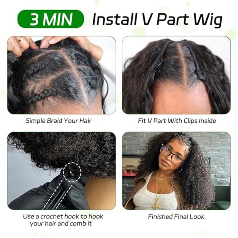 V Part Wig Human Hair Kinky Curly U Part Wig for Women Jerry Curly Glueless Upgrade V Part Clip in Half 180% Density No Leave Out No Sew in Natural Color 20Inch
