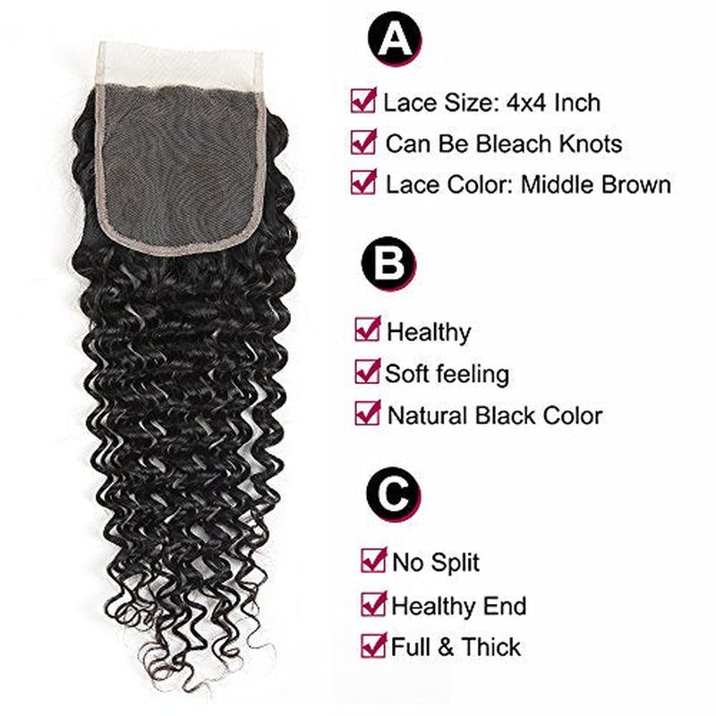 Aatifa 9A Brazilian Deep Wave 3 Bundles Human Hair with 4X4 Free Part Lace Closure Unprocessed Virgin Deep Wave Bundles Hair Natural Color, lace closure, (24/26/28+20 Inch)