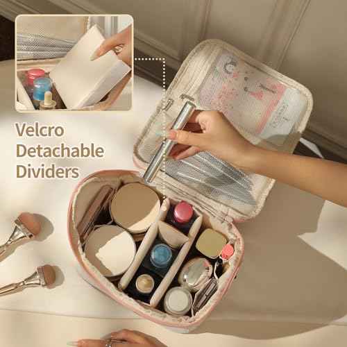 RIGHT AWAY Travel Makeup Bag, Large Capacity Cosmetic Bags for Women,Portable Make Up Case Organizer Waterproof Travel Toiletry Bag with Handle and Divider£¨Pink£©