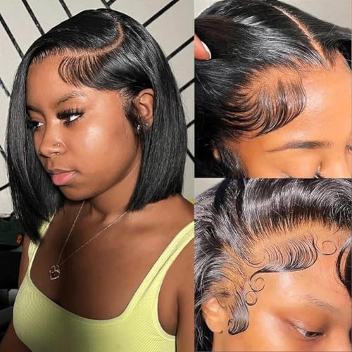 Bob Wig Human Hair 13x4 HD Lace Front Wigs for Women 180% Density 100% Brazilian Virgin Straight Short Bob Human Hair Wig Glueless Pre Plucked Natural Black Color 12 Inch