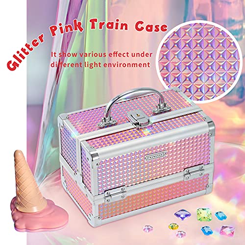 FRENESSA Makeup Train Case Makeup Box Organizer Portable Cosmetic Travel Case Makeup Case with Mirror Locking Make Up Cases Organizers and Storage for Nail Supplies Hard Cosmetic Box Shiny Pink