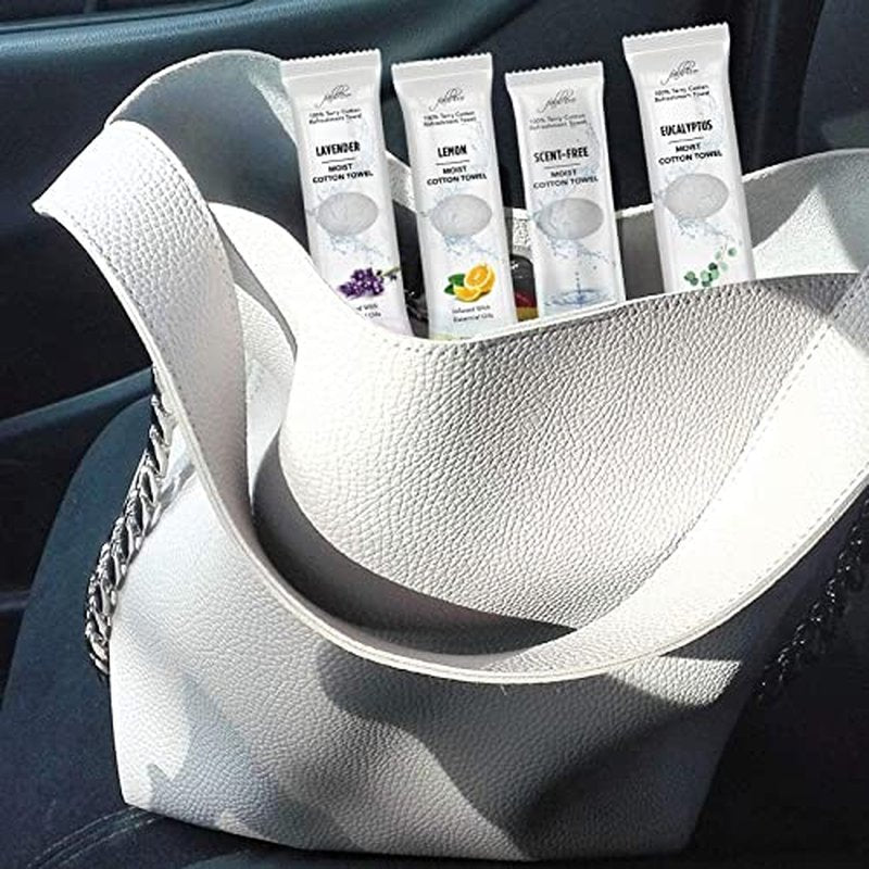 Oshibori Moist Terry Cotton Refreshment Towels (100 Pack,8x8 Inches)-White Scented Pre-moistened Essential Oil Infused Towel to Use Hot or Cold ? Unscented, Lavender, Lemon & Eucalyptus Scents