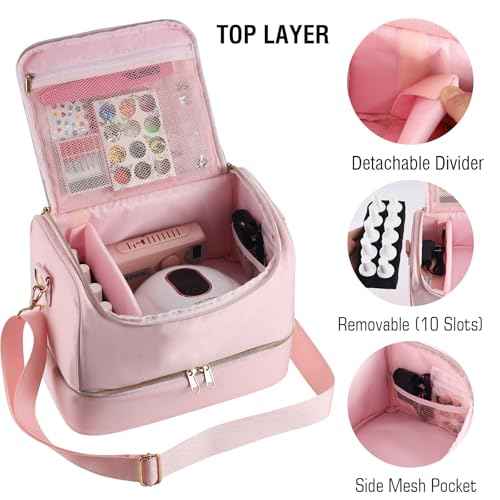 Nail Polish Organizer Case,Nail Storage Organizer Holds Nail Lamp & 50 Bottles Nail Polish,Nail Tech Travel Case,Waterproof Nail Kit Organizer Bag Fits Nail Supplies & Manicure Tools (Pink)