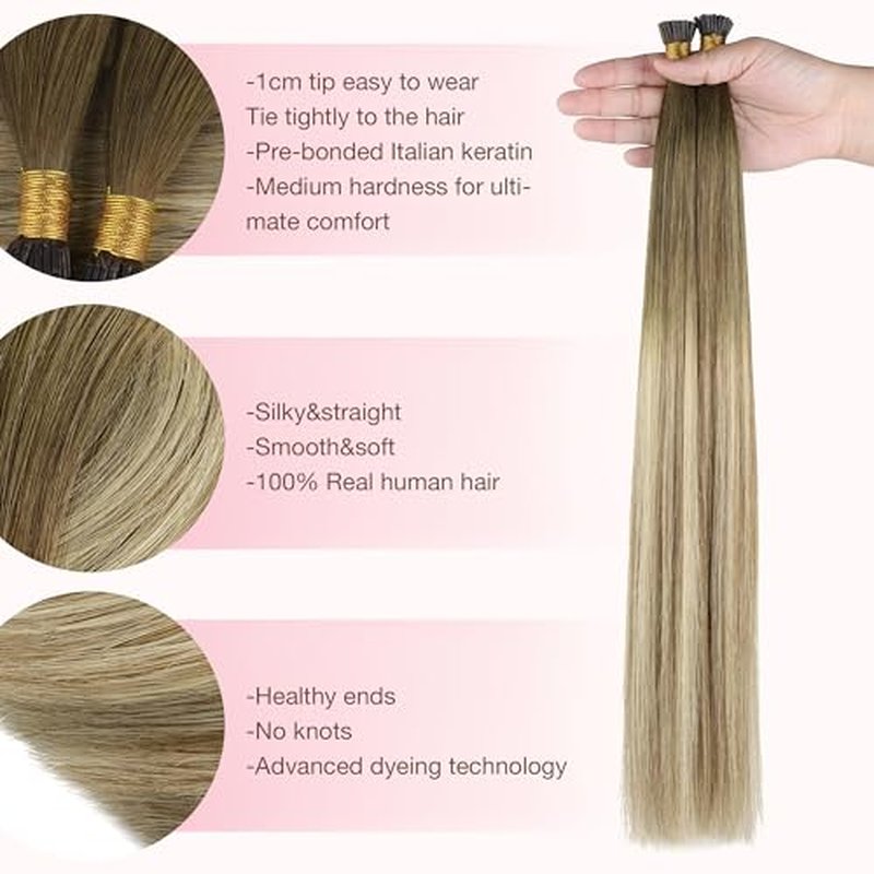 GOO GOO I Tip Hair Extensions Real Human Hair, 20inch 50g 50S, Cold Fusion I Tip, Invisible Remy Hair Extensions, 3/8/613 Balayage Walnut Brown to Ash Brown and Bleach Blonde