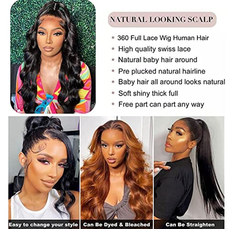 360 Full Lace Frontal Wigs Human Hair Body Wave Pre Plucked with Baby Hair Natural Hairline HD Lace Front Wig (22 Inch)