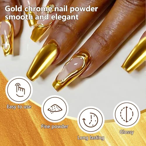 Holographic Mirror Gold Nail Chrome Powder Effect Metallic Dust Sequins UV Gel Gold Chrome Nail Powder Pigment for Nail Art Decoration, Gold Chrome Powder for Nails