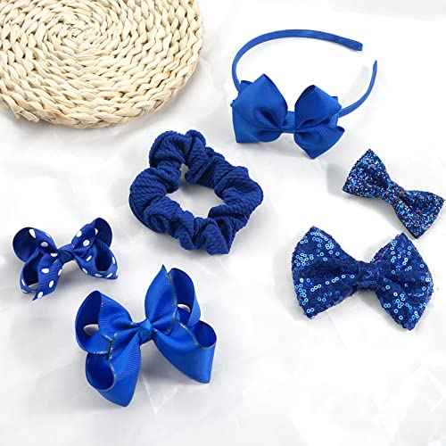 Girls School Hair Accessories - Blue Bow Clips, Elastic Hair Bands, Headband, Ribbon Barrettes for Toddlers, Kids Christmas Birthday Gift