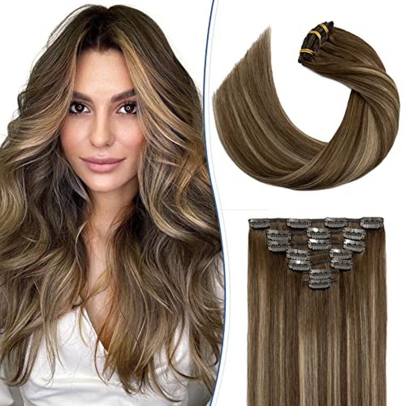 Clip in Hair Extensions Real Human Hair S-noilite #4T4P27 Chocolate Brown to Caramel Blonde Double Weft hair extensions 18 Inch Clip in Real Human Hair for Women Balayage Straight 7PCS 125g