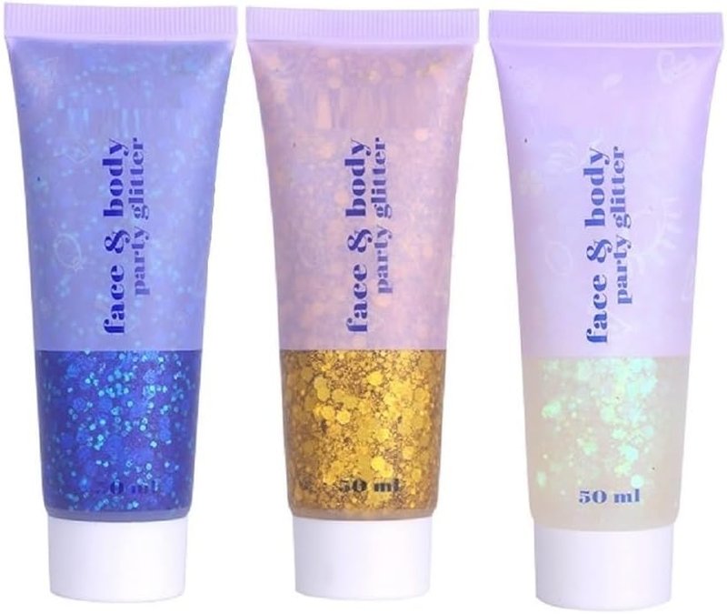 Neon Face and Body Glitter Gel - 3 Color Set for Parties | Blue, Gold & White Moonbeam