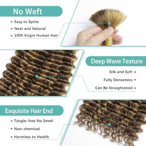 Human Braiding Hair 150g 14 Inch 6 Bundles/Pack Human Hair Braiding Hair No Weft Deep Wave Bulk Human Hair for Braiding Hair Extensions for Boho Braids Wet and Wavy P4/27#