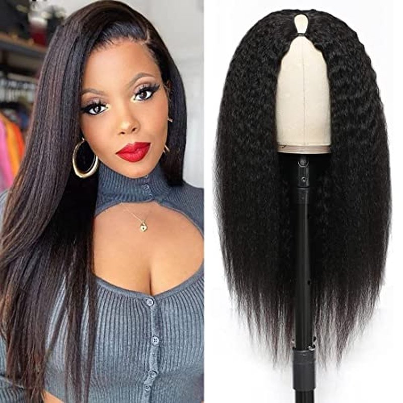 V Part Wig Human Hair Wigs for Black Women Kinky Straight V Part Wig 12A Virgin Hair Half Wigs for Women No Lace Upgrade U Part Human Hair Wigs Full Head Clip in Half Wig V Shape Wigs (20inch)