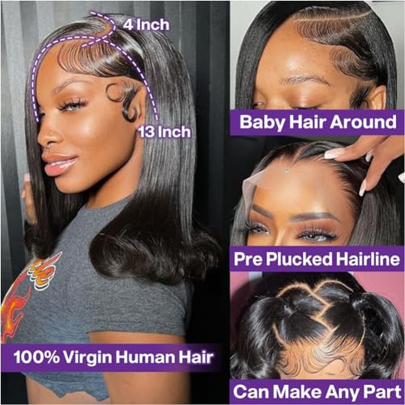 Bob Wig Human Hair 13x4 HD Lace Frontal Short Straight Lace Front Bob Wigs for Black Women Human Hair Pre Plucked Glueless Side Part 180% Density Black Color 18 Inch