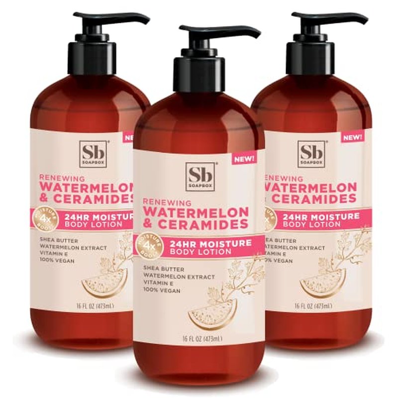 Soapbox Body Lotion, Watermelon & Ceramides Body Lotion for Dry Skin, Plump and Hydrate with Ceramides, Moisturizer for Women, Men, Vegan & Cruelty Free Skin Care, 3 Pack, 16 oz each