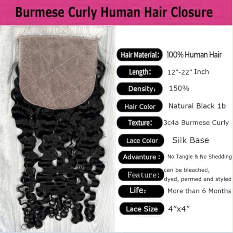 Silk Base Top Closure Burmese Curly Bleached Hidden Knots Free Part 4x4 Fake Scalp Lace Closure With Baby Hair Unprocessed Raw Human Hair 18inch