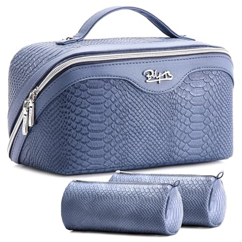 BOYATU Travel Makeup Bags for Women: 3 Pcs Set Wide Open Cosmetic Bag - Portable Make up Bags with Handle - Vegan Leather Toiletry Organizer Bag with Divider (G-05-Blue)