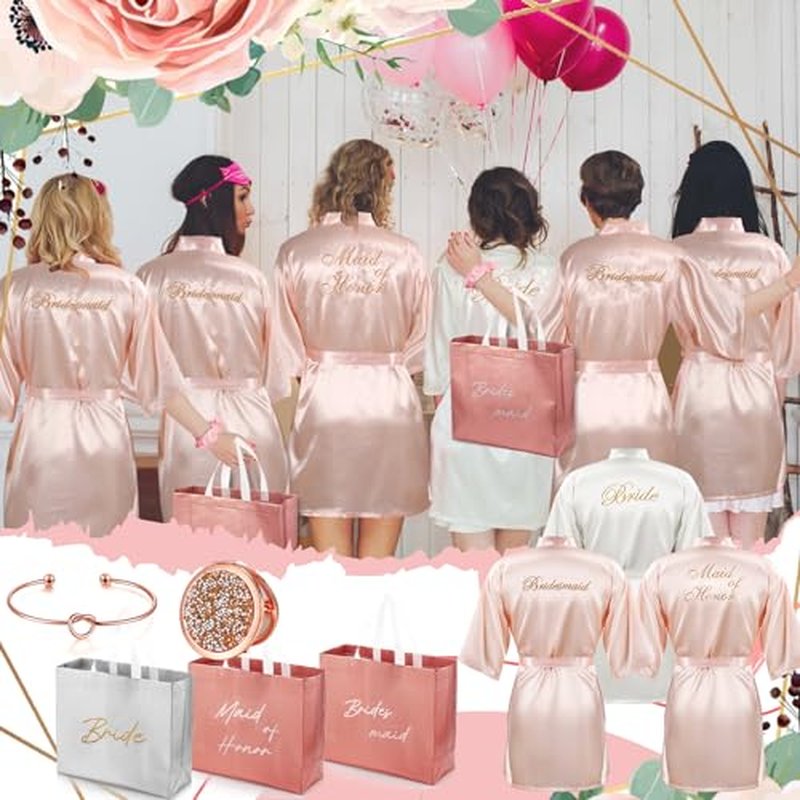 Toulite 48 Pcs Bridesmaid Robe Sets Silk Satin Bride Party Robes with Bachelorette Gift Handbags Knot Bracelets Hair Ties Rhinestone Mirrors and Socks for Bridesmaid Wedding Bachelorette Party